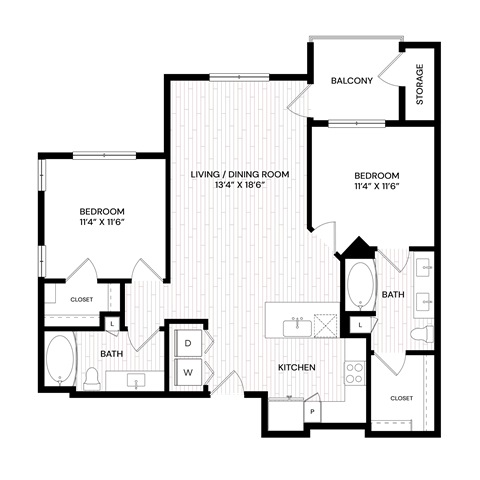 Floor plan for 2 beds, 2 baths, 978 sqft